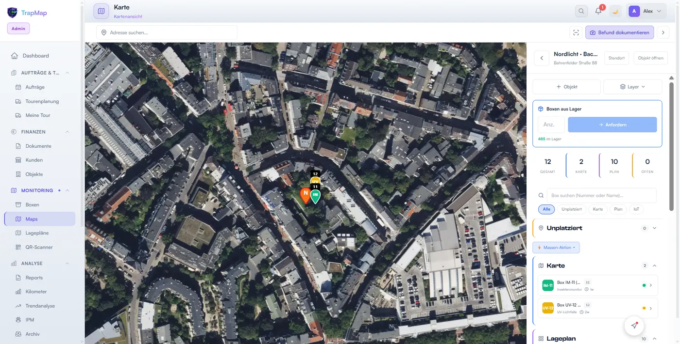 Kartenansicht Satellit mit Stationen eines Objekts in Hamburg